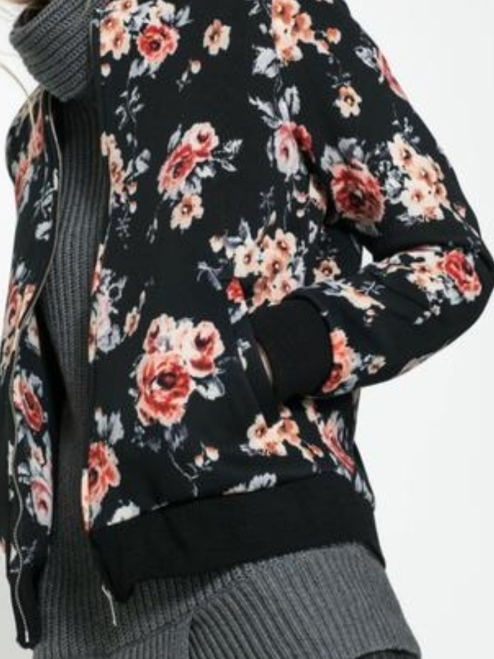 Zara TRF Women Medium Black Satin Floral Print Zip Up Bomber Jacket
